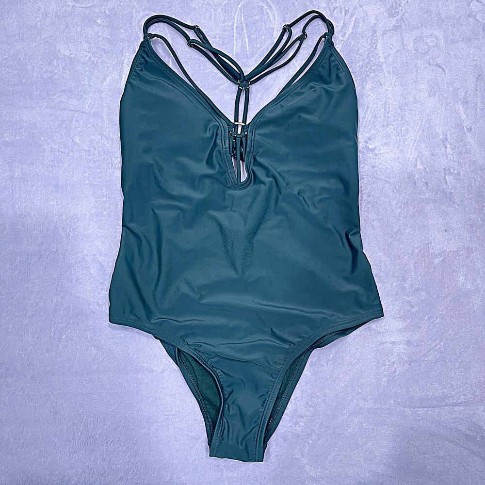 BEBE Swim Strappy Back One Piece Swimsuit Dark Green Cut Out Womens Small